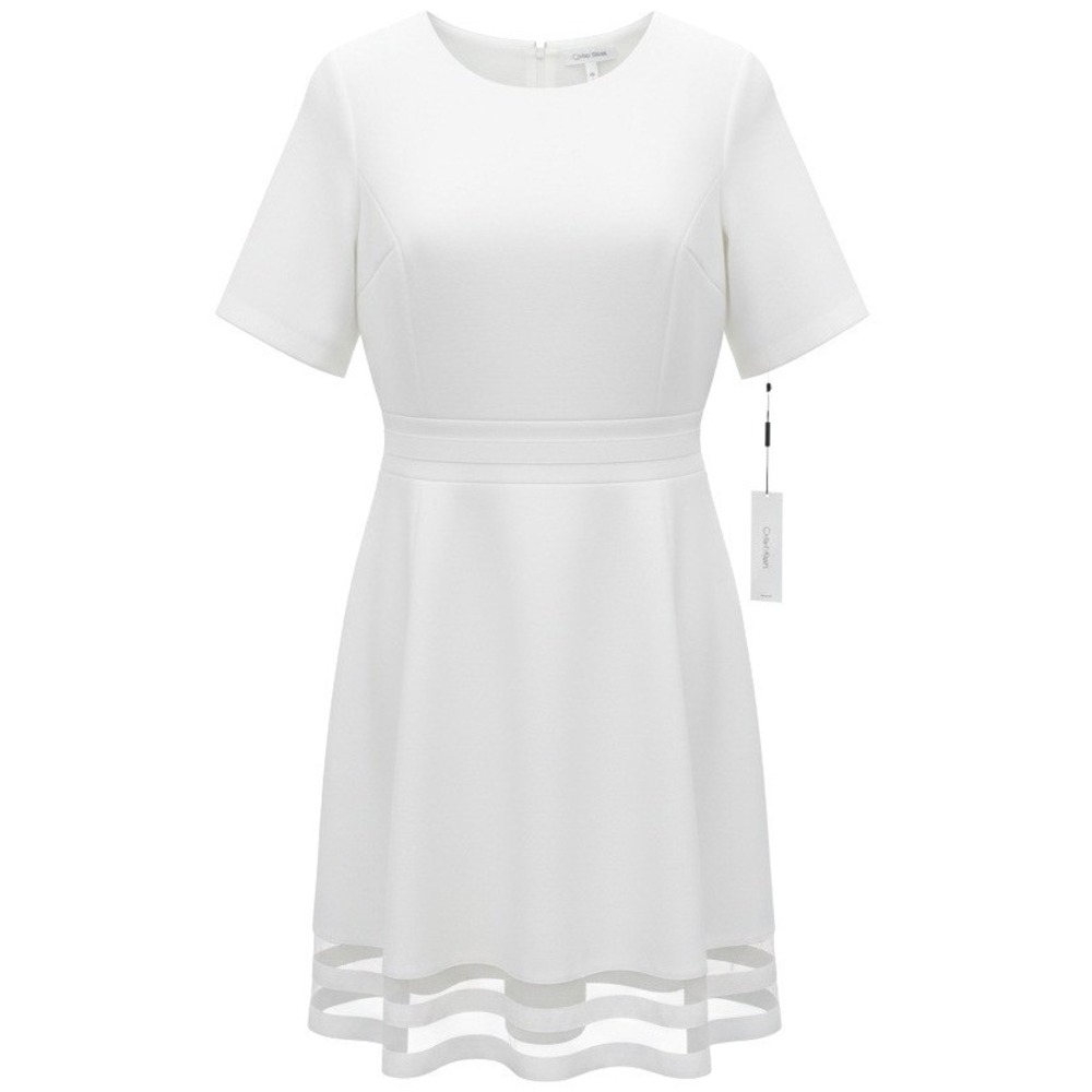 Calvin Klein Fit and Flare Dress 22W White Mesh‎ Hem Short Sleeve Elegant Chic